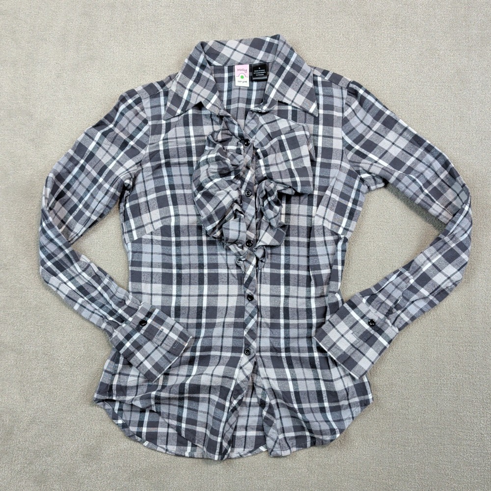 Molly New York Y2K Ruffle Jabot Plaid Flannel Blouse Small Grey Grunge Academia